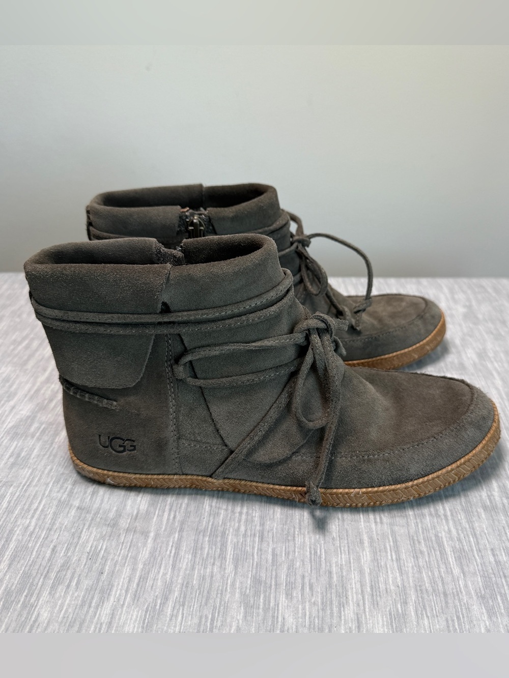 UGG Reid Suede Ankle Moc Bootie | Women’s 8 | Slate Gray | Side Zip Lace Wrap